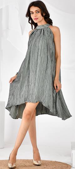 Party Wear, Summer Black and Grey color Dress in Satin Silk fabric with Pleats work : 1882703