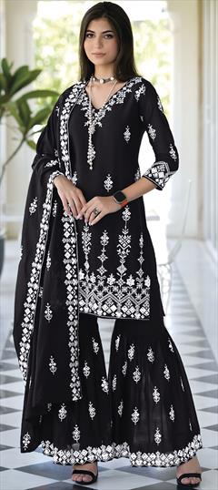 Mehendi Sangeet, Reception Black and Grey color Salwar Kameez in Malmal fabric with Sharara, Straight Embroidered, Resham, Thread work : 1882729