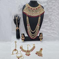 Red and Maroon color Bridal Jewelry in Metal Alloy studded with CZ Diamond, Pearl & Gold Rodium Polish : 1882819