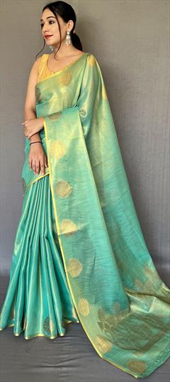 Party Wear, Traditional Blue color Saree in Silk, Tissue fabric with South Weaving work : 1882898