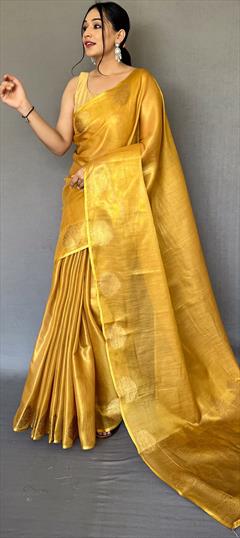 Party Wear, Traditional Yellow color Saree in Silk, Tissue fabric with South Weaving work : 1882906
