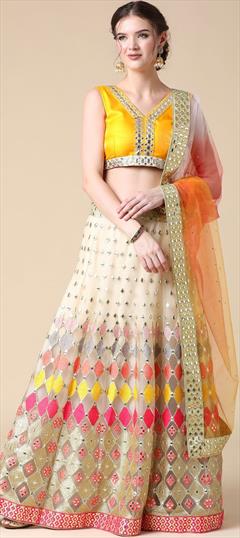 Designer, Mehendi Sangeet, Wedding Multicolor color Lehenga in Net fabric with Flared Embroidered, Resham, Sequence work : 1882910