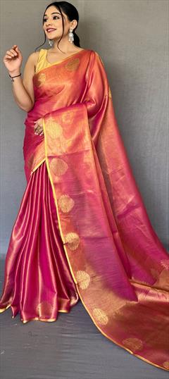 Party Wear, Traditional Pink and Majenta color Saree in Silk, Tissue fabric with South Weaving work : 1882913