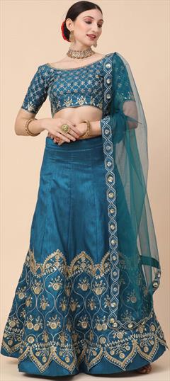Designer, Mehendi Sangeet, Wedding Blue color Lehenga in Satin Silk, Silk fabric with Flared Embroidered, Resham, Sequence work : 1882922