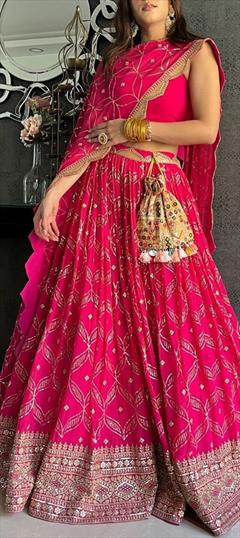 Designer, Mehendi Sangeet, Wedding Pink and Majenta color Lehenga in Faux Georgette fabric with Flared Embroidered, Moti, Resham, Sequence work : 1882928