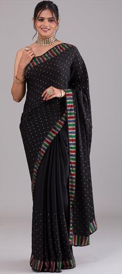 Festive, Party Wear Black and Grey color Saree in Georgette fabric with Classic Border, Patch, Sequence work : 1883002