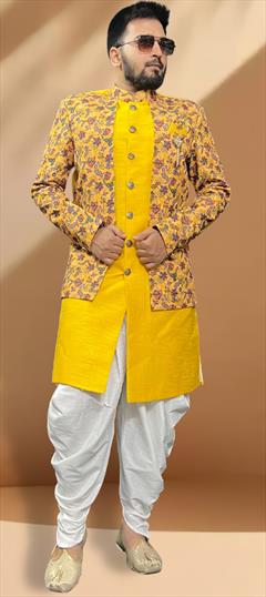 Party Wear Yellow color IndoWestern Dress in Silk fabric with Embroidered work : 1883180