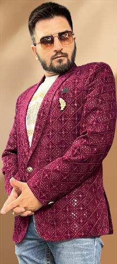 Party Wear Red and Maroon color Blazer in Velvet fabric with Embroidered, Sequence, Thread work : 1883192