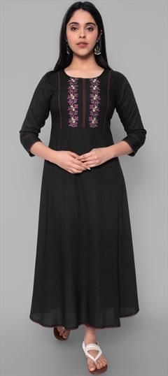 Casual, Party Wear Black and Grey color Kurti in Blended fabric with Anarkali, Long Sleeve Embroidered work : 1883222