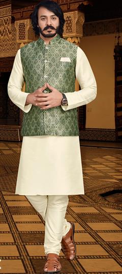 Party Wear Beige and Brown color Kurta Pyjama with Jacket in Jacquard fabric with Weaving work : 1883230