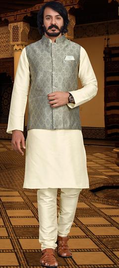 Party Wear Beige and Brown color Kurta Pyjama with Jacket in Jacquard fabric with Weaving work : 1883231