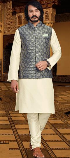 Party Wear Beige and Brown color Kurta Pyjama with Jacket in Jacquard fabric with Weaving work : 1883232