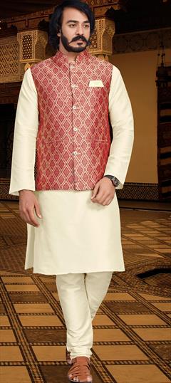 Party Wear Beige and Brown color Kurta Pyjama with Jacket in Jacquard fabric with Weaving work : 1883233