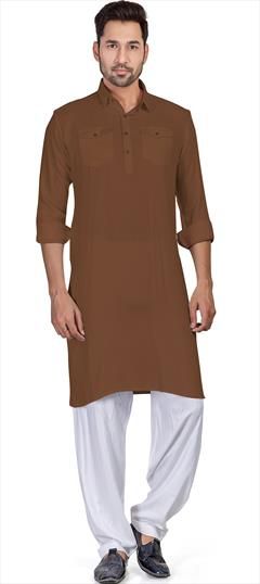 Party Wear Beige and Brown color Pathani Suit in Cotton fabric with Thread work : 1883235