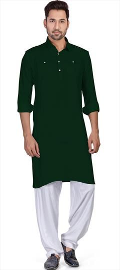 Party Wear Green color Pathani Suit in Cotton fabric with Thread work : 1883236