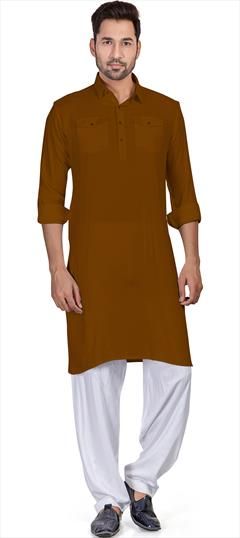 Party Wear Beige and Brown color Pathani Suit in Cotton fabric with Thread work : 1883240