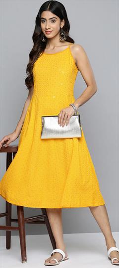 Casual, Party Wear Yellow color Dress in Rayon fabric with Sequence work : 1883350