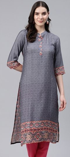 Casual Black and Grey color Kurti in Viscose fabric with Long Sleeve, Straight Floral, Printed, Thread work : 1883429