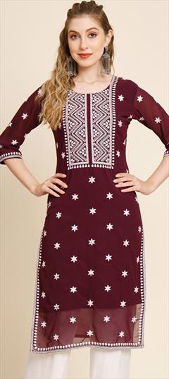Casual Red and Maroon color Kurti in Georgette fabric with Long Sleeve, Straight Embroidered work : 1883509