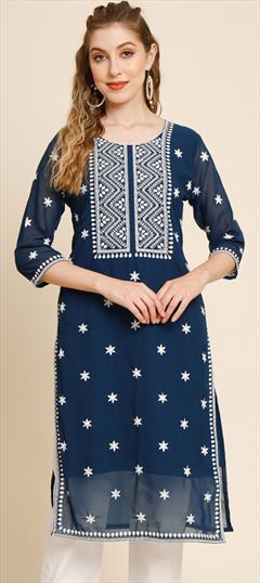 Casual Blue color Kurti in Georgette fabric with Long Sleeve, Straight Embroidered work : 1883511