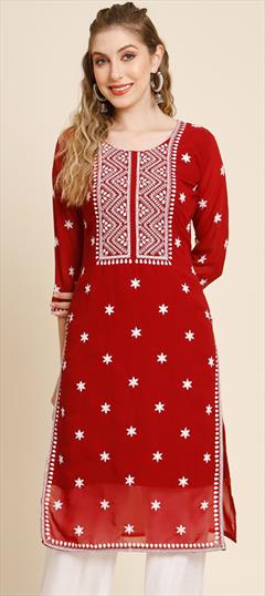 Casual Red and Maroon color Kurti in Georgette fabric with Long Sleeve, Straight Embroidered work : 1883515