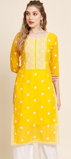 Casual Yellow color Kurti in Georgette fabric with Long Sleeve, Straight Embroidered work : 1883518