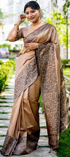 Party Wear, Traditional Beige and Brown color Saree in Raw Silk, Silk fabric with South Weaving work : 1883700