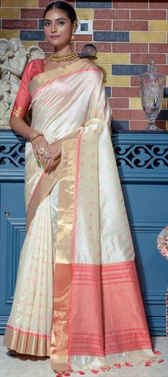 Traditional White and Off White color Saree in Silk, Tussar Silk fabric with South Weaving, Zari work : 1883710