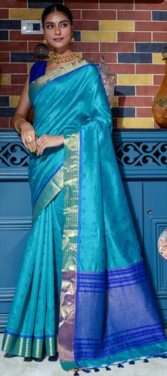 Traditional Blue color Saree in Silk, Tussar Silk fabric with South Weaving, Zari work : 1883712