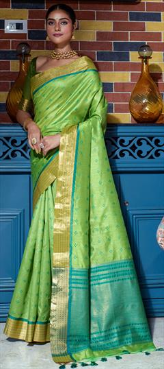 Traditional Green color Saree in Silk, Tussar Silk fabric with South Weaving, Zari work : 1883714