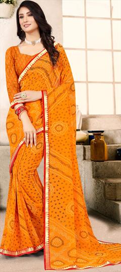 Casual, Party Wear Yellow color Saree in Georgette fabric with Classic, Rajasthani Bandhej, Lace, Printed work : 1883730