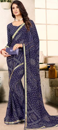 Casual, Party Wear Blue color Saree in Georgette fabric with Classic, Rajasthani Bandhej, Lace, Printed work : 1883732