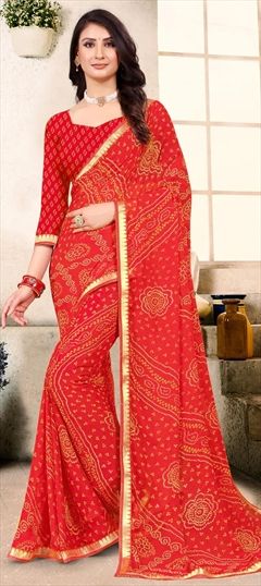 Casual, Party Wear Red and Maroon color Saree in Georgette fabric with Classic, Rajasthani Bandhej, Lace, Printed work : 1883733