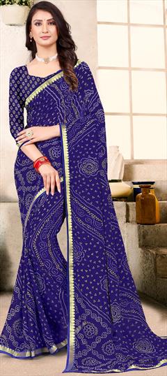 Casual, Party Wear Blue color Saree in Georgette fabric with Classic, Rajasthani Bandhej, Lace, Printed work : 1883739