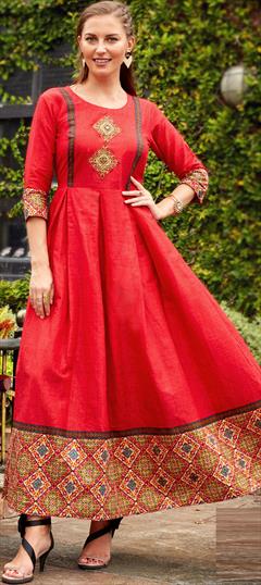 Festive, Party Wear Red and Maroon color Kurti in Cotton fabric with Anarkali, Long Sleeve Resham, Thread work : 1883792