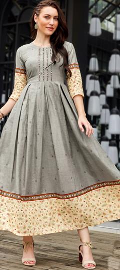 Festive, Party Wear Black and Grey color Kurti in Cotton fabric with Anarkali, Long Sleeve Resham, Thread work : 1883796