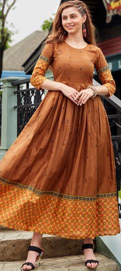 Festive, Party Wear Beige and Brown color Kurti in Cotton fabric with Anarkali, Long Sleeve Resham, Thread work : 1883806