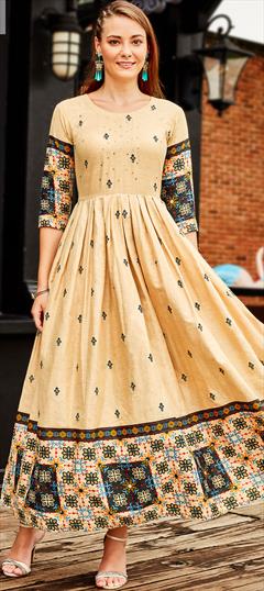 Festive, Party Wear Beige and Brown color Kurti in Cotton fabric with Anarkali, Long Sleeve Resham, Thread work : 1883813