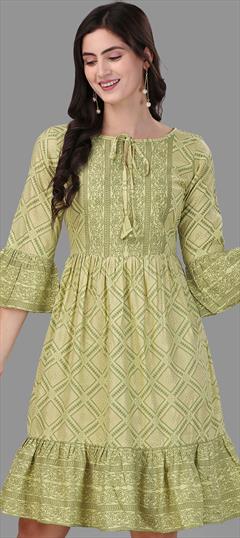Casual Green color Kurti in Rayon fabric with Anarkali, Long Sleeve Foil Print work : 1883895