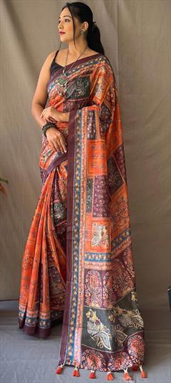 Casual, Traditional Orange color Saree in Cotton fabric with Bengali Printed work : 1883951