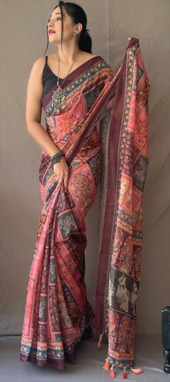 Casual, Traditional Pink and Majenta color Saree in Cotton fabric with Bengali Printed work : 1883954