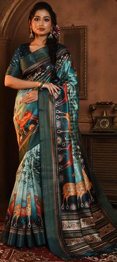 Party Wear, Traditional Blue color Saree in Silk, Tussar Silk fabric with South Printed, Weaving work : 1883962