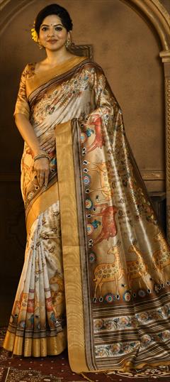 Party Wear, Traditional Yellow color Saree in Silk, Tussar Silk fabric with South Printed, Weaving work : 1883966