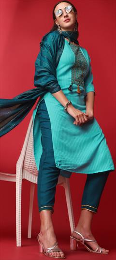 Casual, Party Wear Blue color Salwar Kameez in Rayon fabric with Straight Embroidered, Sequence work : 1883991