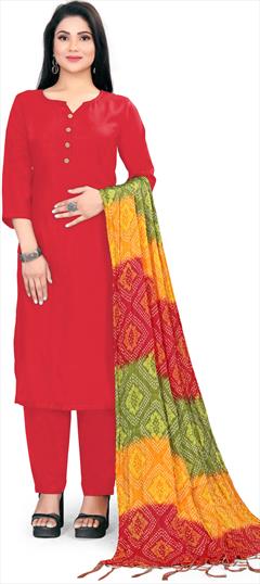 Casual Red and Maroon color Salwar Kameez in Rayon fabric with Straight Bandhej, Printed work : 1884039