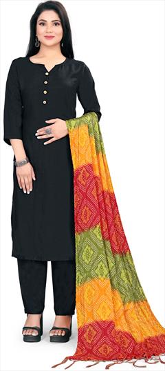 Casual Black and Grey color Salwar Kameez in Rayon fabric with Straight Bandhej, Printed work : 1884043
