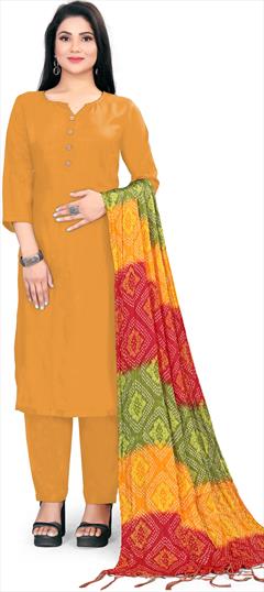 Casual Yellow color Salwar Kameez in Rayon fabric with Straight Bandhej, Printed work : 1884044
