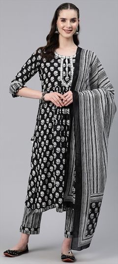 Designer, Party Wear Black and Grey color Salwar Kameez in Cotton fabric with Straight Floral, Printed, Resham, Thread work : 1884091