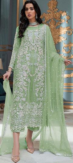 Party Wear Green color Salwar Kameez in Organza Silk, Silk fabric with Embroidered, Resham, Thread work : 1884106