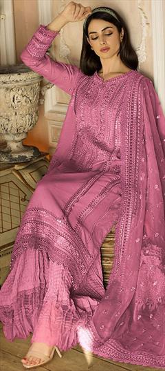 Bridal, Reception, Wedding Pink and Majenta color Salwar Kameez in Cotton, Rayon fabric with Straight Embroidered work : 1884174